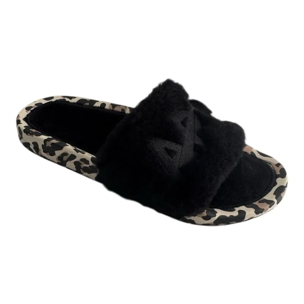 APL Women’s Shearling Furry Slide Sandals in Black/Leopard Size 8‎